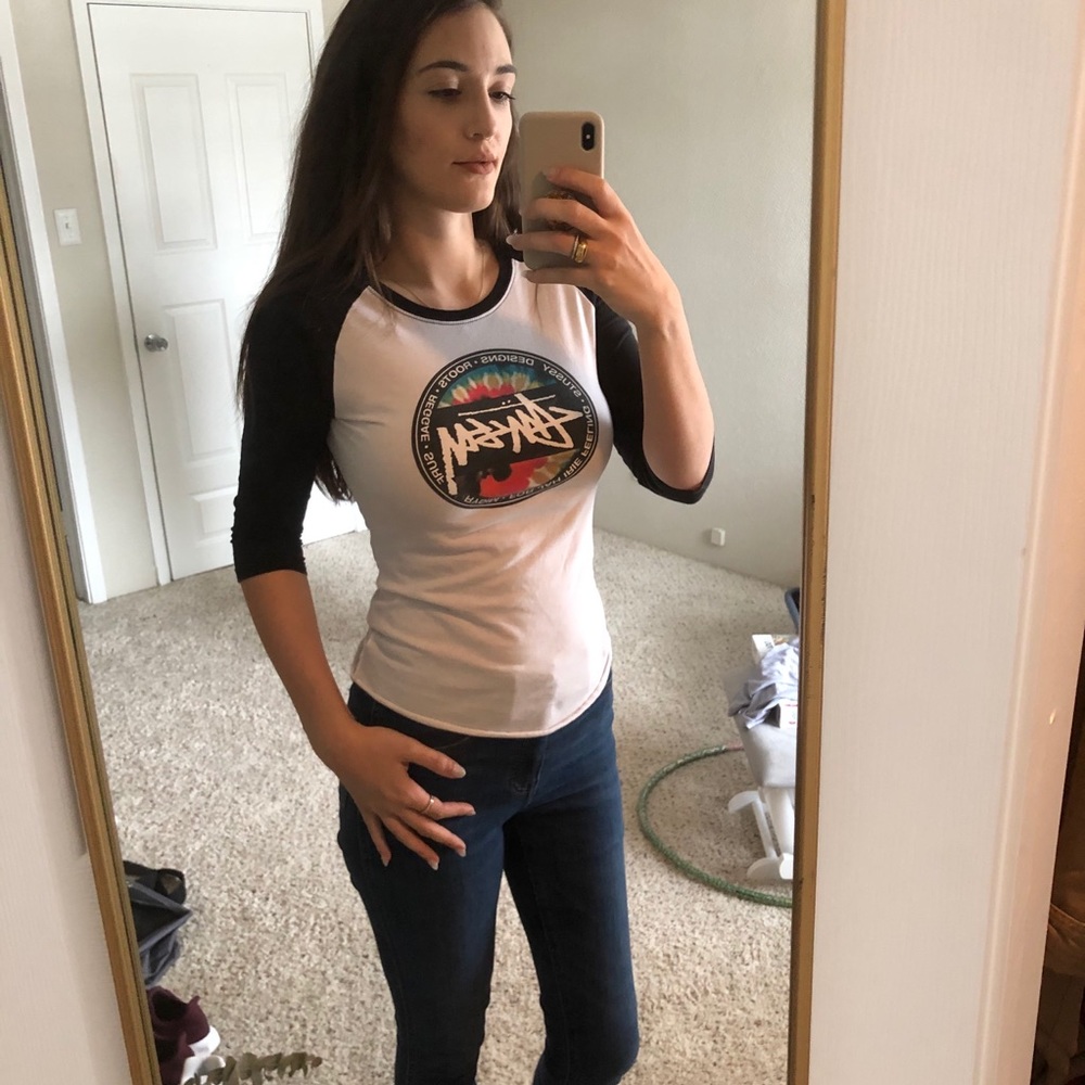 stussy baseball style tee with tie dye logo